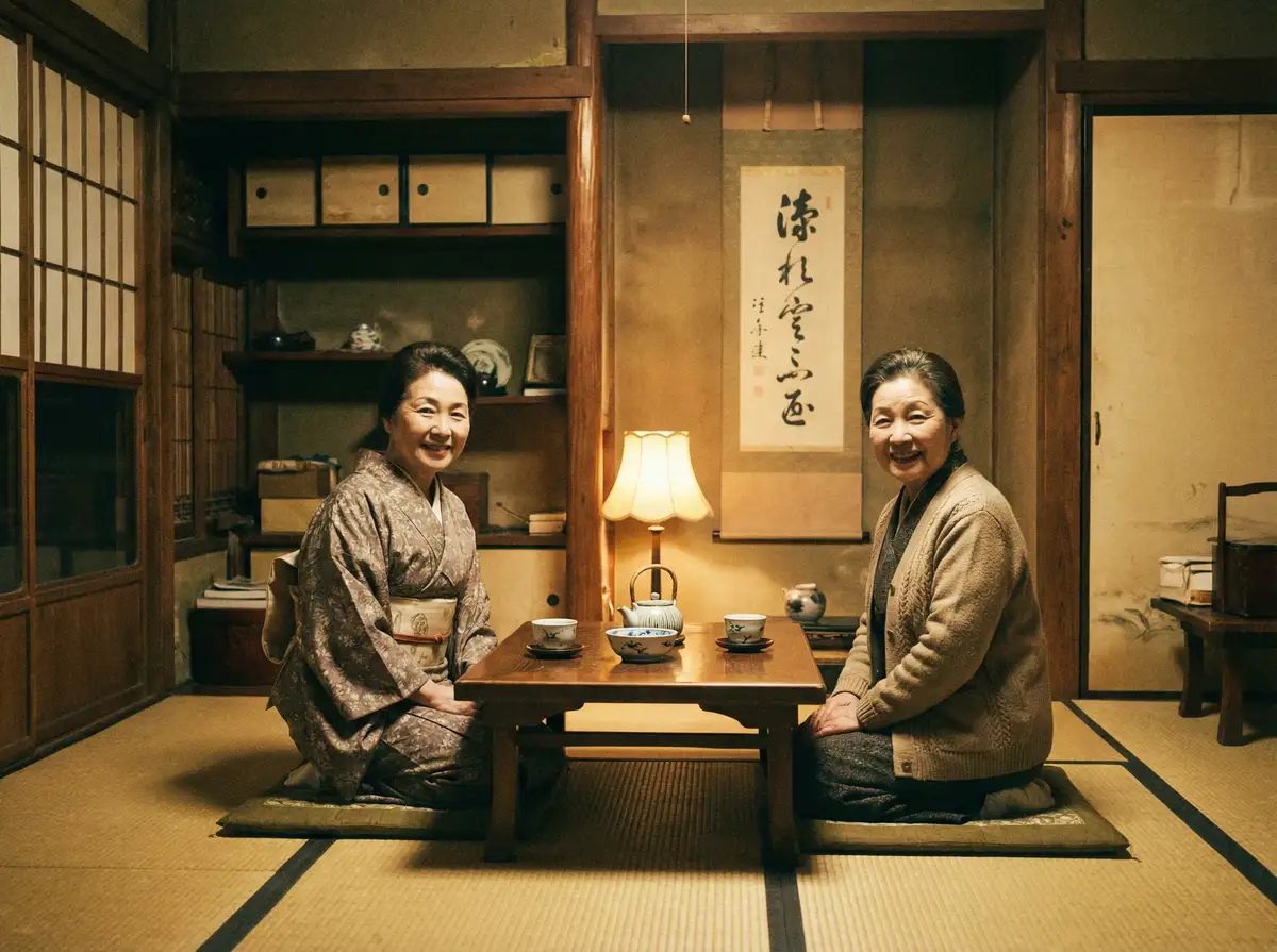 两位优雅的 8050午夜二级一片 在日式茶室中品茶交谈